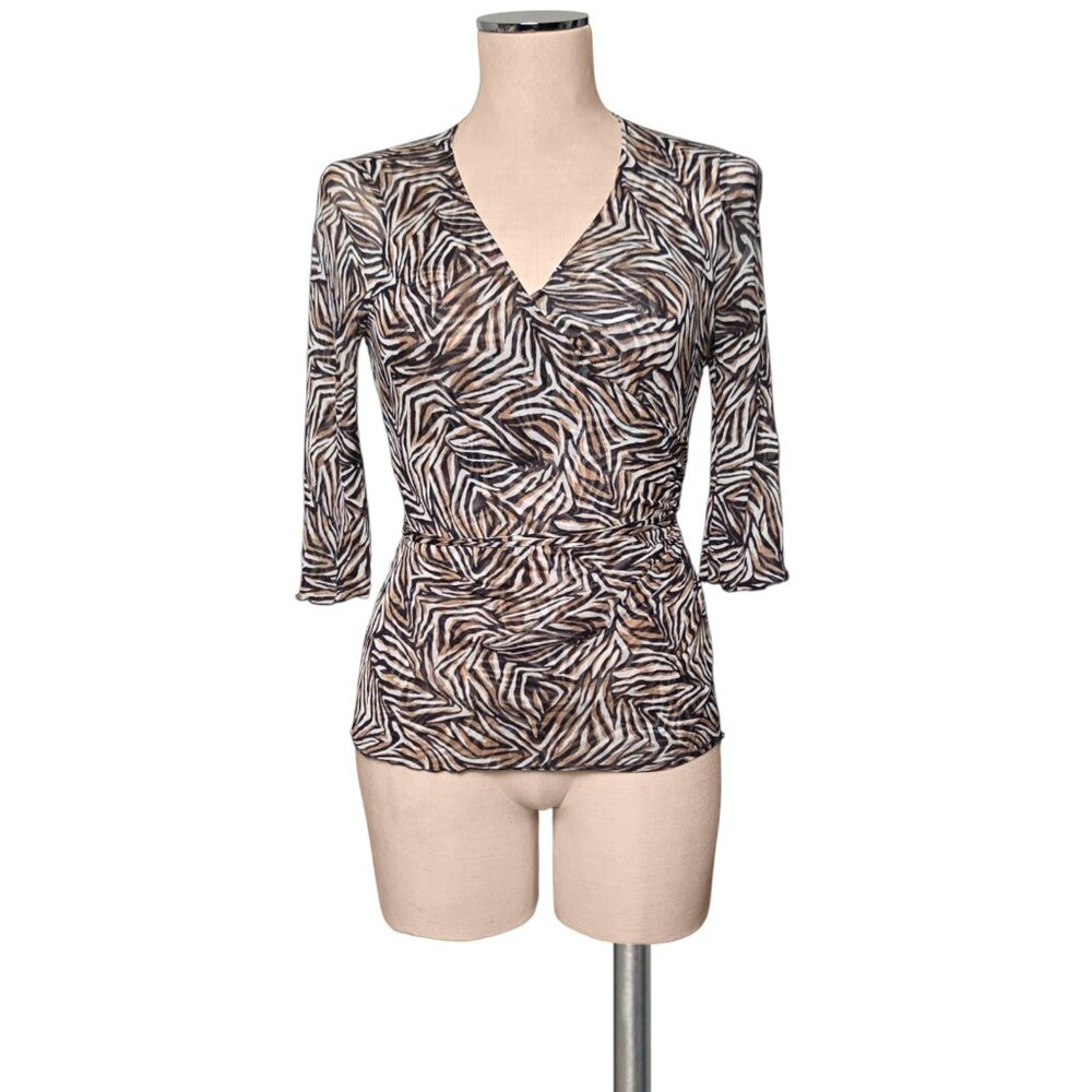 DVF Diane Von Furstenberg 100% Silk Printed Mesh Stretch Wrap Top S Vintage Y2K